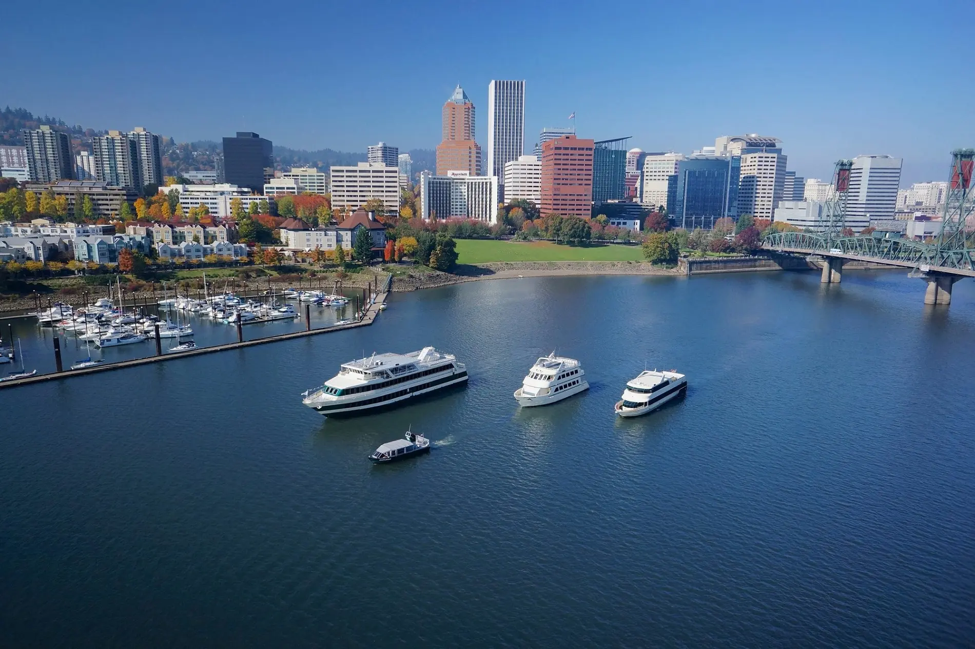 Portland Spirit fleet of four boats on the Willamette River in front of downtown Portland
