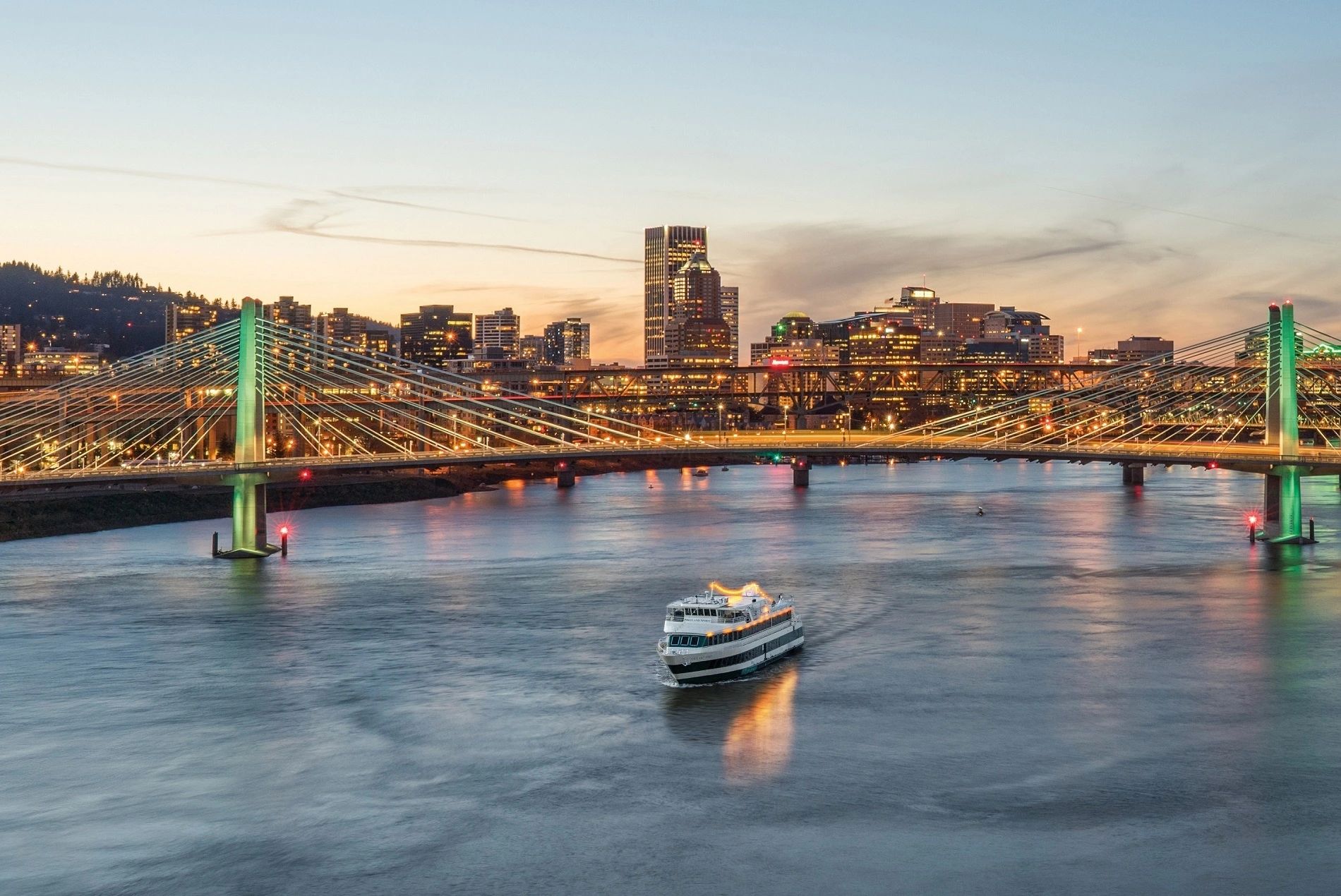 Portland Spirit fleet on the Willamette River in front of downtown Portland